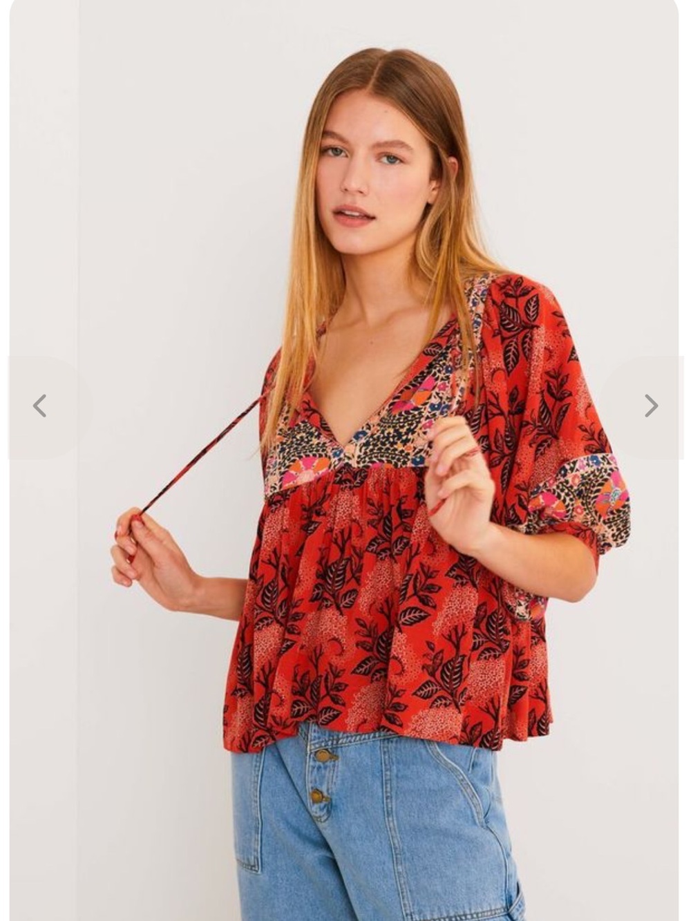 ba&sh Rust Red Floral Peasant Blouse with Patterned Trim